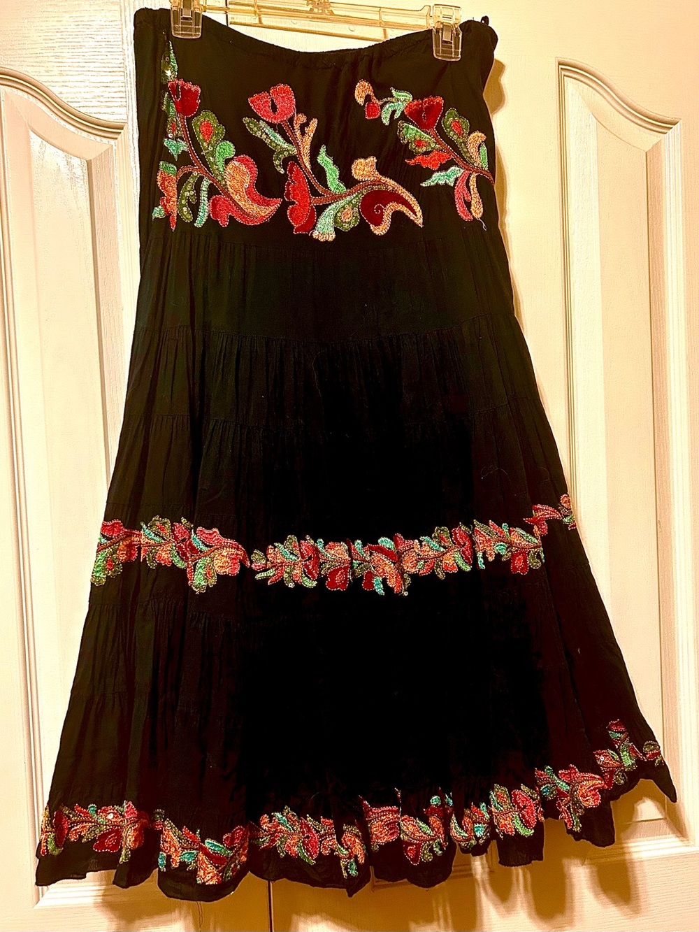 Embroidered Sequined Colorful Florals on Flamenco Style Black Tiered Skirt